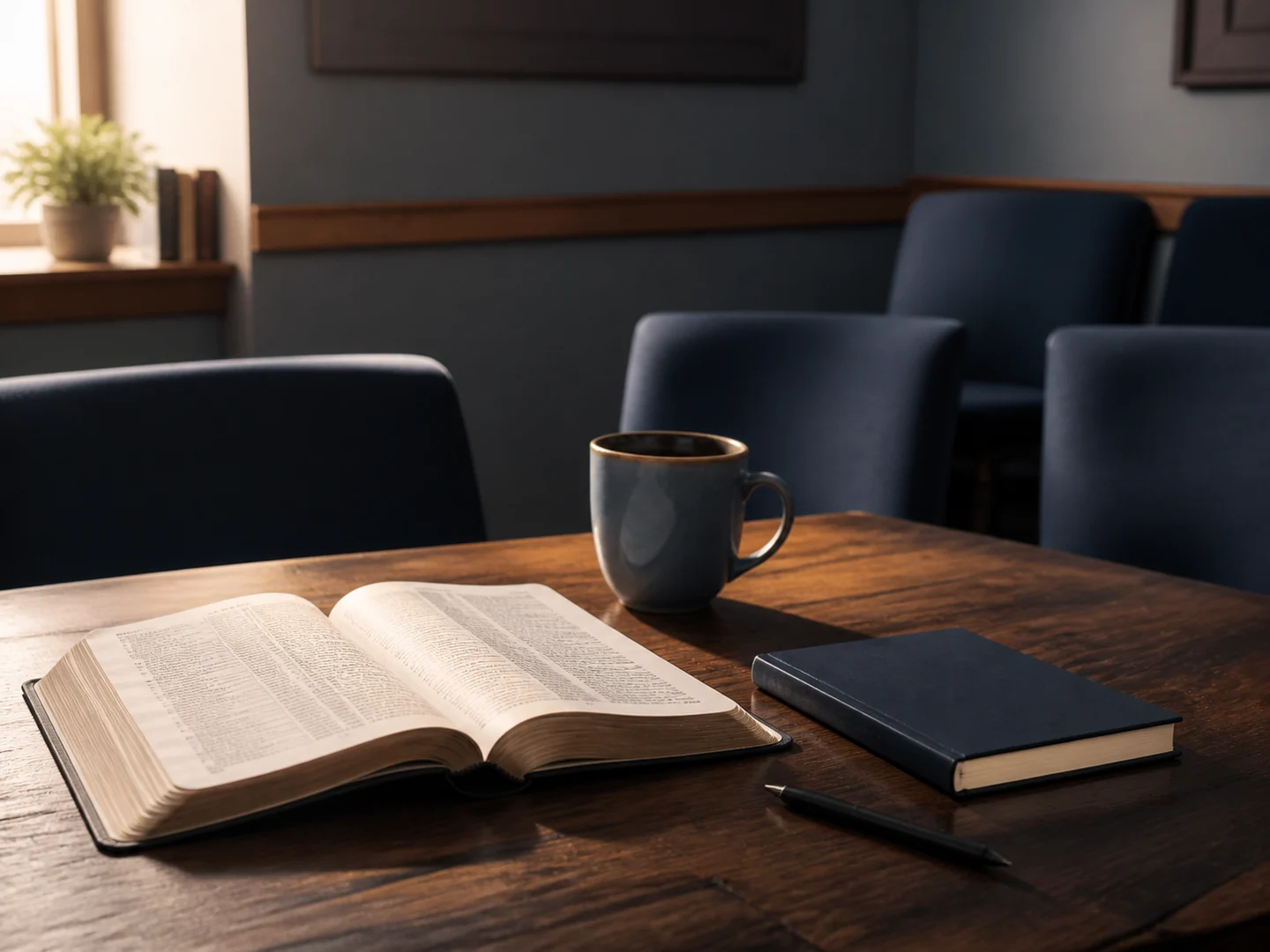 Biblia, cuaderno azul marino y taza dispuestos para el estudio de hombres